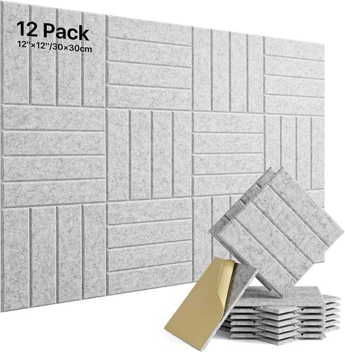 Soundsbay Sound Proof Foam Panels for Walls Self-Adhesive, 12-Pack 12"X12" | Cover 11.6 sq.ft, 150kg/m³ High-Density Polyester, Soundproof Wall Panels for Recording Studio, Home Theater, Office Gray by Soundsbay