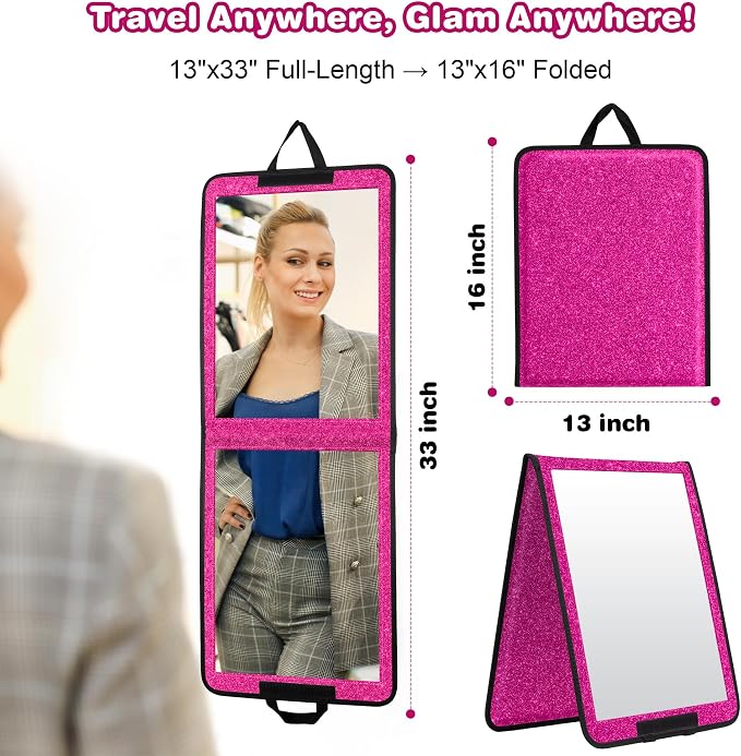LPHUMEX Sparkle Hot Pink Folding Mirror 13”x33”, Foldable Full-Length Travel Mirror 3-Way Use, Perfect for Dance, Festivals, RV - Image 2
