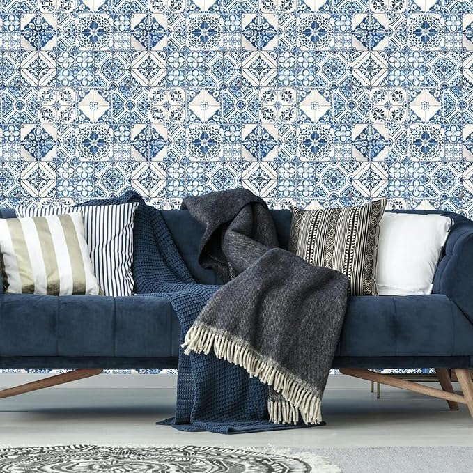 RoomMates RMK11083WP Blue Mediterranian Tile Peel and Stick Wallpaper 20.5" x 16.5 feet - Image 3