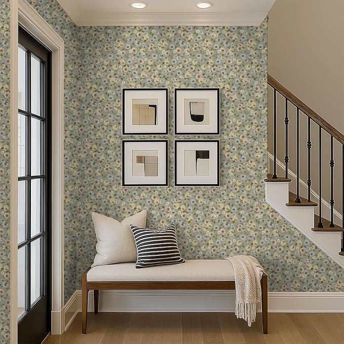 Khaki Watercolor Floral Peel and Stick Wallpaper, 17.3" x 118" Soft Pastel Flower Removable Vinyl Wallpaper, Waterproof Self-Adhesive Vintage Floral Contact Paper for Nursery Bedroom Cabinets - Image 7