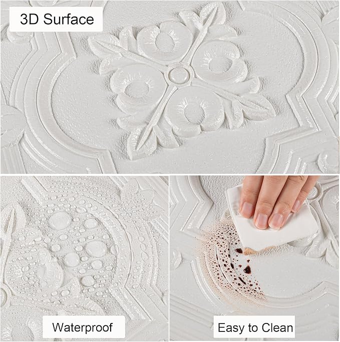 Ceiling Tiles Peel and Stick Foam, 3D Wall Panels 16 Pcs Covered 21 Sq.Ft | Peel and Stick Floral Look, Easy to Install and Cut for Ceiling and Interior Wall Decor, Plain White（13.8 x 13.8 inch） - Image 3