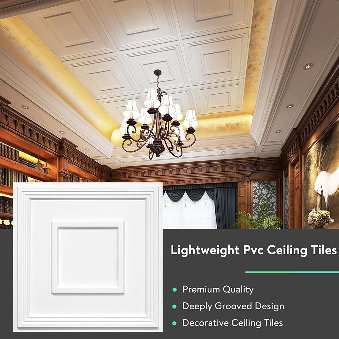 STICKGOO PVC Ceiling Tiles, 2'x2' Glue Up Ceiling Panel White to Prevent Breakage Cover 96 Sq. Ft, Pack of 24 Tiles - Image 8