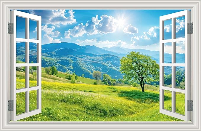 Fake Window Wall Sticker Summer Mountain Grassland Green Forest Tree Faux Window Poster Decal Picture Open Wall Art Decor, Stick and Peel Landscape Natural Scenery Sunshine Scene Mural,16"x24" by Clickhere