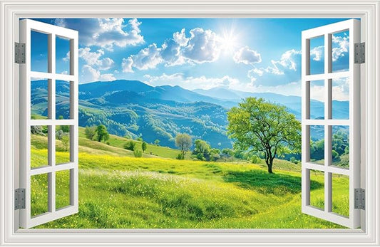 Fake Window Wall Sticker Summer Mountain Grassland Green Forest Tree Faux Window Poster Decal Picture Open Wall Art Decor, Stick and Peel Landscape Natural Scenery Sunshine Scene Mural,16"x24" by Clickhere