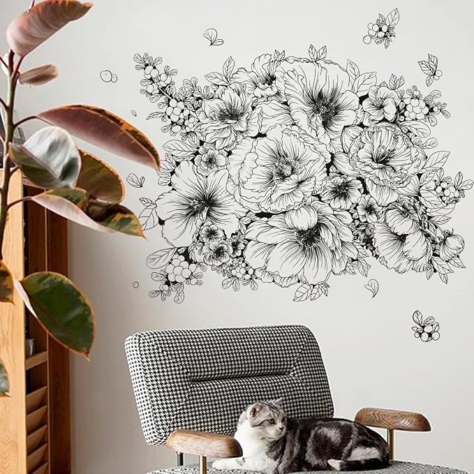 Runtoo Large Black and White Flower Wall Art Decals Boho Floral Wall Stickers for Bedroom Living Room Office Adult Home Decor - Image 4