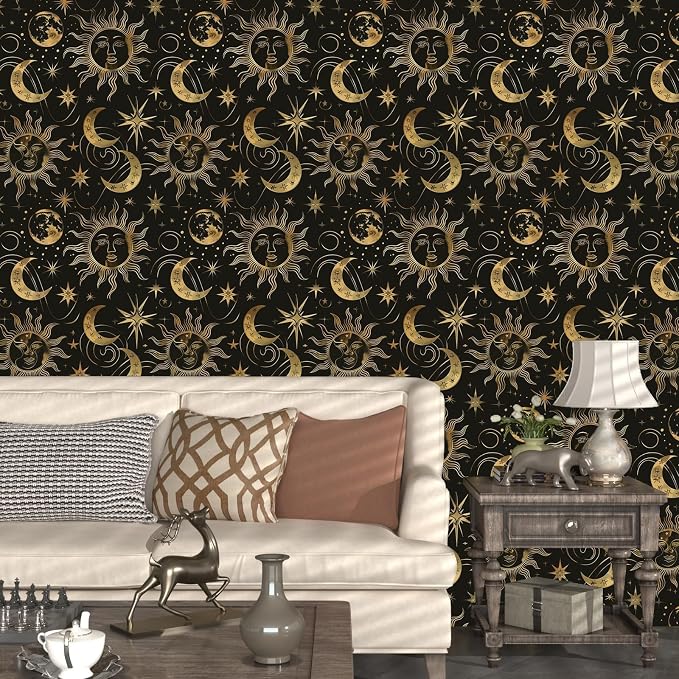 Laatse Celestial Sun Moon Wallpaper Peel and Stick 17.5"x 393",Black/Golden | Self Adhesive/Removable/Waterproof/Thick Vinyl Contact Paper for Bathroom Bedroom Shelf Cabinet Drawer,Prepasted,Easy Peel - Image 5