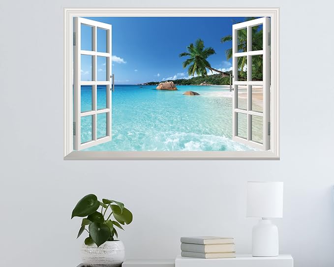 FLFK Fake Window Wall Sticker - Summer Beach Faux Window Wall Mural for Wall Decor, Stick and Peel Wall Decals,16"x24" - Image 2