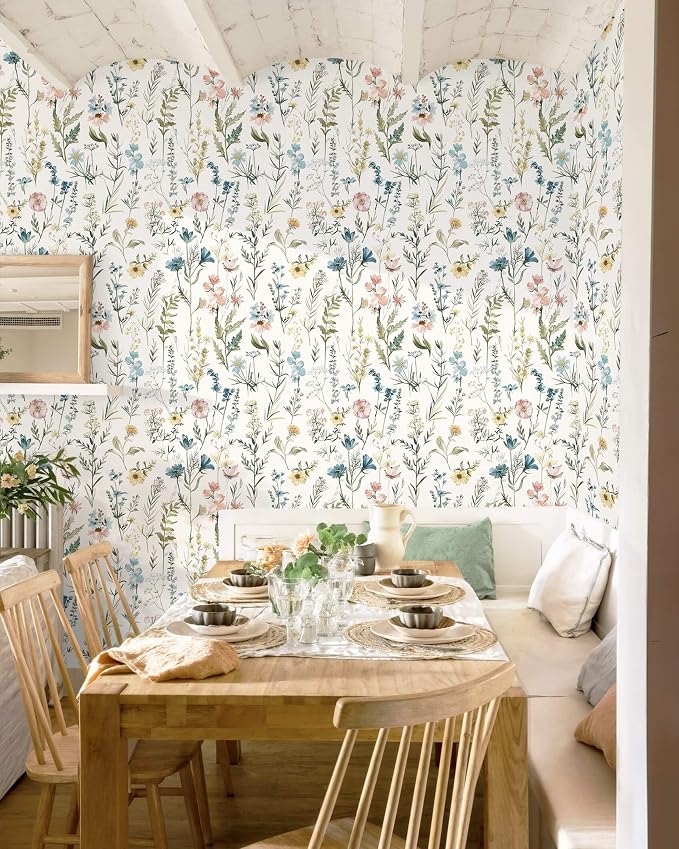 Dimoon Boho Peel and Stick Wallpaper Beige Floral Contact Paper 17.3x197in |Blue Wildflower Botanical Renter Friendly Removable Self Adhesive Stick on Wall Paper Decor for Bathroom Bedroom Vinyl - Image 4