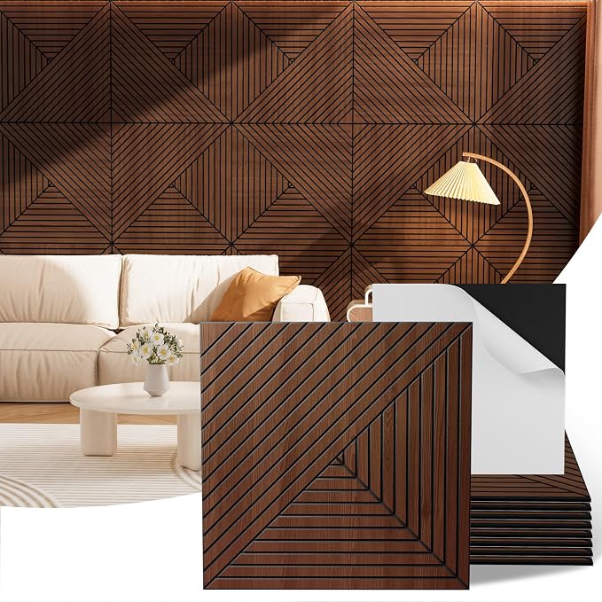 Acoustic Wall Panels, 8 Piece 23.62"X 23.62" PVC Peel and Stick Wall Panels | High-Density Polyester Fiber Self Adhesive Soundproofing for Interior Wall Décor, Recording Studios, Walnut by Vellorise