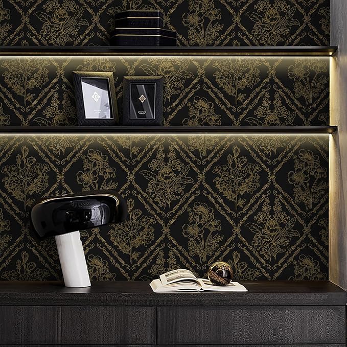 Toduso Peel and Stick Wallpaper Vintage Wall Paper Boho Contact Paper Black and Gold Floral Removable Wallpaper for Bathroom Bedroom Flower Waterproof Self Adhesive Vinyl Drawer Decor 17.3"x393.7" - Image 3
