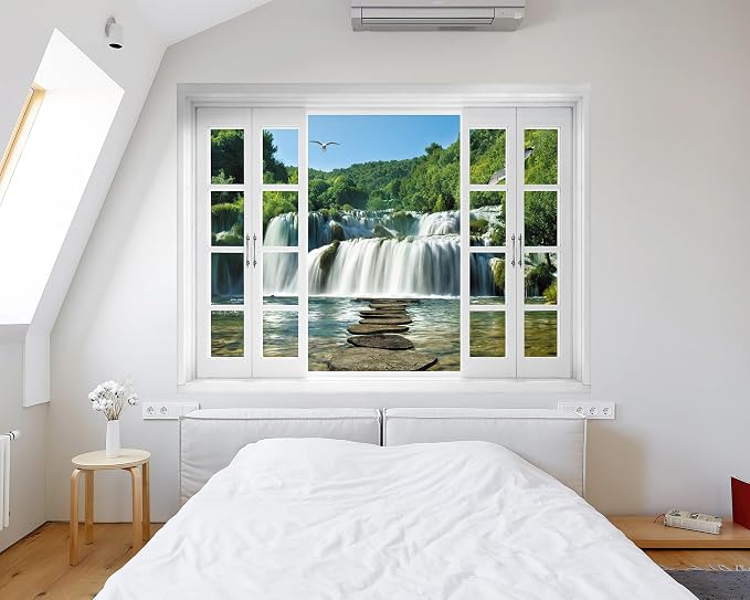 FLFK Fake Window Wall Mural - Waterfall Nature Scene Peel and Stick Decal, 80 x 60 inches, Set of 5 Sheets - Image 6