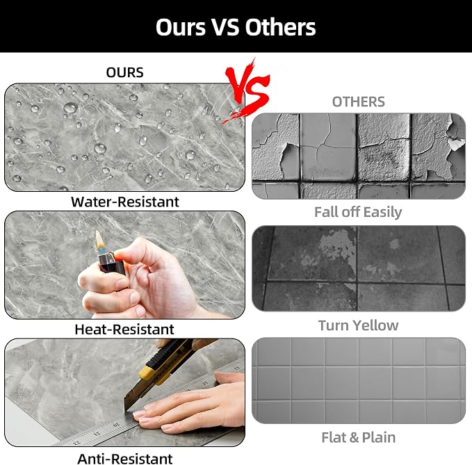 WADLE Peel and Stick Tile Shower Waterproof Marble Tiles Wall Panels, 23.62"x23.62" Self-Adhesive Backsplash Tile, 20 Pack Gray - Image 3