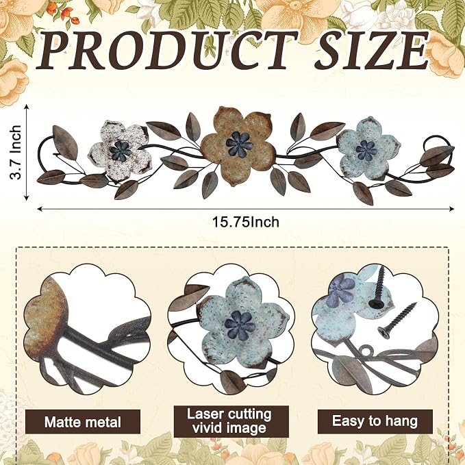 Wesiti Metal Flower Wall Decor Wrought Iron Scroll 15.7x3.7,Colorful | Vintage Metal Flower decor,Farmhouse Leaf Art with Nails, Flat Not 3D Design, For Bedroom Kitchen Indoor Outdoor Wall Decor - Image 2