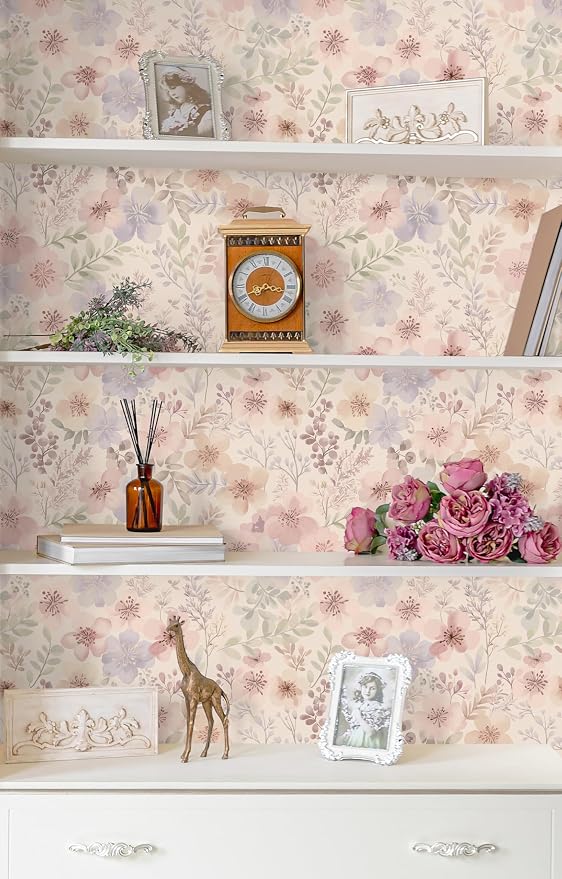 Guvana Peel and Stick Wallpaper Pink Floral Wall Paper French Country Vintage Contact Paper Neutral Botanical Self Adhesive Removable Wallpaper for Living Room Cabinet Stairwell Bedroom 17.3"×78.7" - Image 2