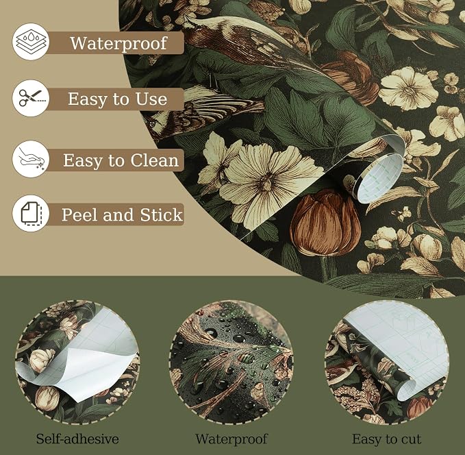 Erfoni Vintage Floral Peel and Stick Wallpaper Dark Floral and Birds | 17.3" x118" Contact Paper DIY Self Adhesive Removable Wallpaper for Bedroom Cabinets Decor Retro Boho Flower Leaf Wall Paper - Image 4