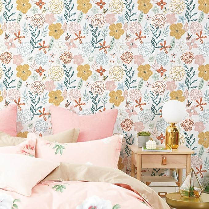 WENMER Floral Peel and Stick Wallpaper 17.71”×590”Boho Floral Wallpaper Pink Floral Contact Paper Self Adhesive Removable Wallpaper for Bathroom Cabinet Decorative - Image 2