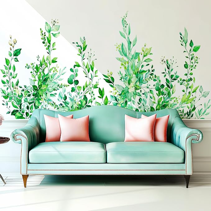 Emerald Green Plants Leaves Wall Decals Peel and Stick, Large Floral Flowers Vinyl Wall Stickers, Removable Vine Home Decor Art for Bedroom Living Room Classroom Office - Image 3