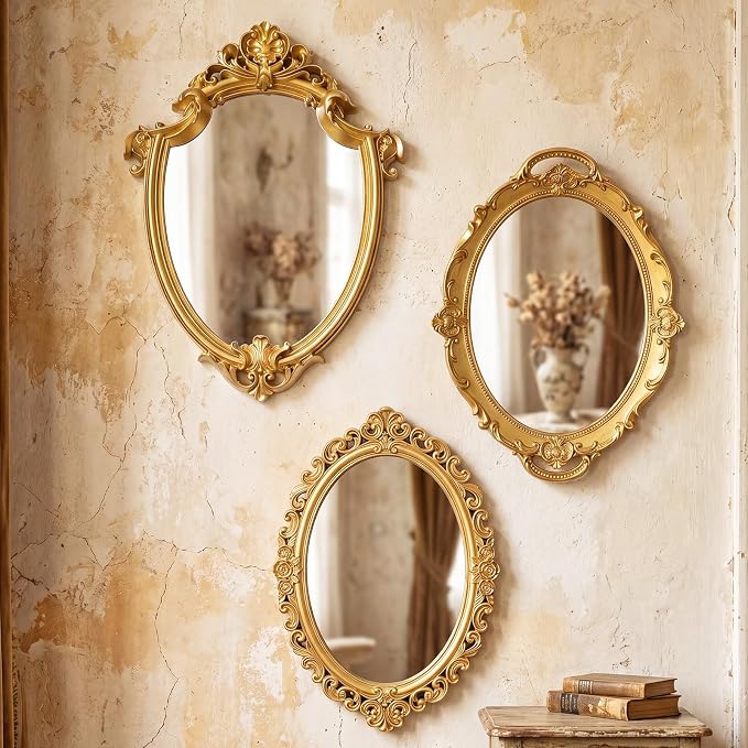 Beeveer 3 Style Vintage Mirrors Set Decorative Oval Wall Mirror Small Antique Mirrored Tray Decorative Hanging Mirror for Bathroom Bedroom Jewelry Organizer Victorian Decor (Shield,Gold) by Beeveer
