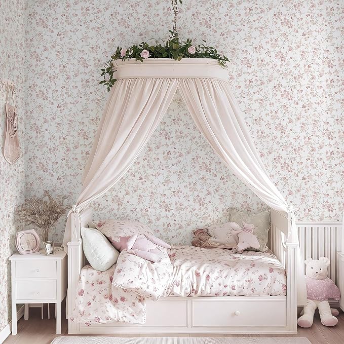 Peel and Stick Wallpaper for Nursery Pink Cherry Blossom Waterproof | 393"×17.3" Pink Floral Watercolor Wallpaper Gentle Accent Wall Decor with Grid Lines for Bedroom Vinyl Self-adhesive - Image 3