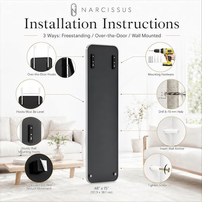 NARCISSUS Over the Door Full Length Mirror 47x14 Inch, Wall Mounted Dressing Mirror, Door Hanging Full Body Mirror HD Reflection Glass for Bedroom, Aluminum Alloy Frame Silver - Image 6