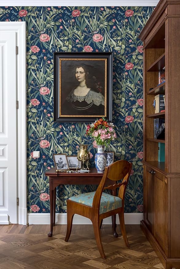 Navy Bird and Floral Peel and Stick Wallpaper Vintage 17in x 118in | Flower Contact Paper Vintage Floral Wallpaper Boho Self Adhesive Waterproof Wall Paper Botanical Removable Decorative Vinyl - Image 8