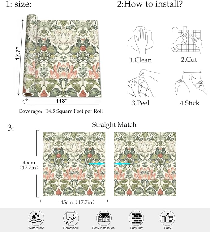 Vintage Wallpaper William Morris Botanical Peel and Stick Wallpaper | Symmetrical antique floral wildlife vinyl wall covering, removable & waterproof, for cottage living room interior decoration. - Image 9