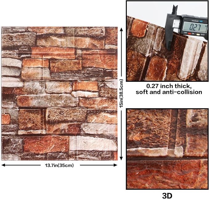 30PCS 3D Wall Panels, Peel and Stick Foam, Self-Adhesive Decorative 3D Brick Wallpaper, Faux Stone Wall Panel Foam Brick, White, Black, Rock, 15in x 13.7in, 7mm Thick, 30 Count - Image 4