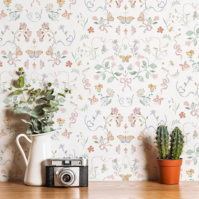 Peel and Stick Wallpaper for Nursery White Cute Bow Leaf Waterproof | 78.7"×17.3" Colorful Butterfly Wallpaper Cute Accent Wall Decor with Grid Lines for Bedroom Vinyl Self-adhesive by Fiula