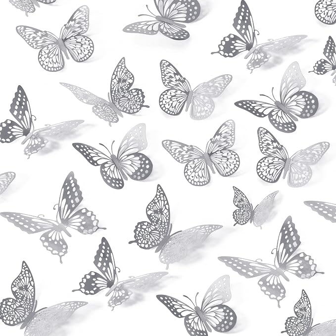 SAOROPEB 3D Butterfly Wall Decor, 48 Pcs 4 Styles 3 Sizes, Removable Metallic Wall Sticker Room Mural Decals for Kids Bedroom Nursery Classroom Party Decoration Wedding Decor DIY Gift (Sliver) | 4 Styles 3 Sizes, Removable Metallic Wall Sticker Mural D... by SAOROPEB