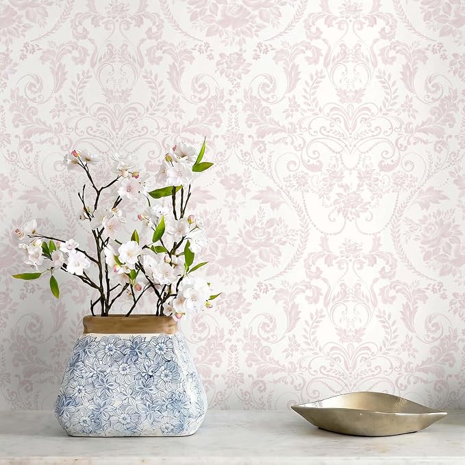 Peel and Stick Wallpaper for Bedroom Pink Damask Floral Self-Adhesive | 393"×17.3" White & Pink Vintage Scroll Removable Waterproof Vinyl Wall Decor for Bathroom, Nursery, Furniture Refinish by Fiula