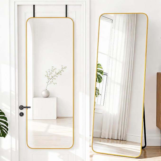 NARCISSUS Full Length Mirror 57x20 Inch, Over The Door Mirror with Stand, Wall Mounted or Freestanding/Door Hanging Full Body, Aluminum Alloy Frame, Gold by NARCISSUSMIRROR