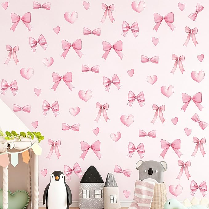 Arawat 48pcs Bowtie Wall Sticker and Decals for Bedroom and Bathroom Pink Bow Room and Wall Decor Heart Decoration Vinyl Peel and Stick Room Decor for Bedroom Bow Stickers - Image 3