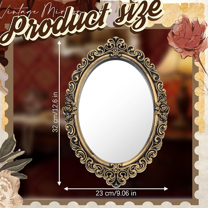 Beeveer 1 Style Vintage Mirrors Set Decorative Oval Wall Mirror Small Antique Mirrored Tray Decorative Hanging Mirror for Bathroom Bedroom Jewelry Organizer Victorian Decor (Oval,Antique Gold) - Image 2