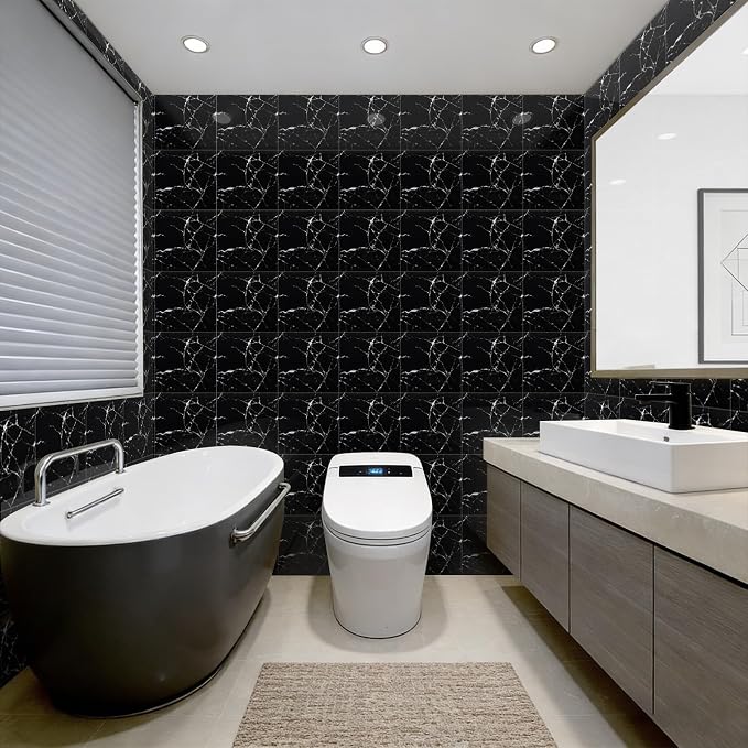 10pcs Peel and Stick Shower Tile Waterproof Black Marble Tiles Wall Panels 11.8"X11.8" Self-Adhesive Backsplash for Home Bathroom Kitchen Showers (Not Real Tile) - Image 2
