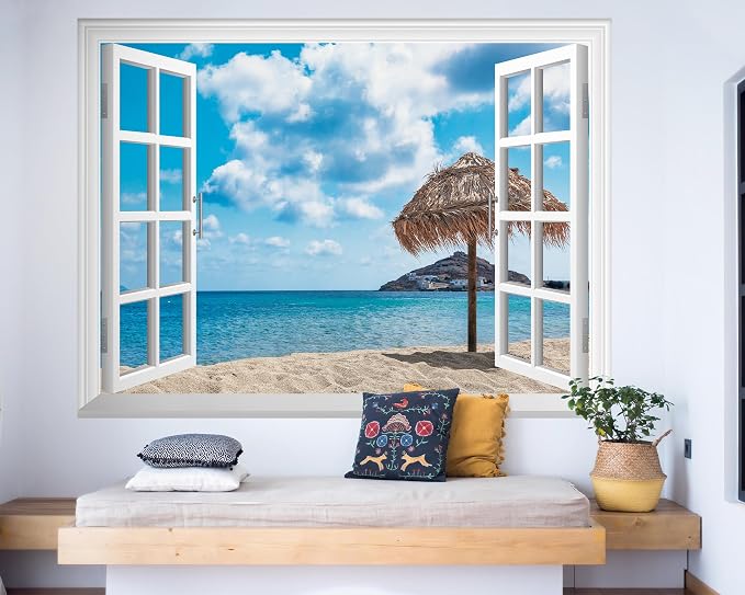 FLFK Fake Window Wall Mural - Ocean Beach Faux Window Wall Decal for Wall Decor, Peel and Stick Wall Sticker,80"x60",Set of 5 Sheets - Image 6