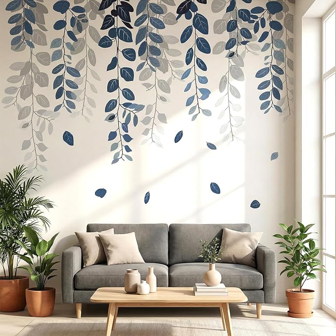 Navy Blue Grey Hanging Eucalyptus Leaves Vine Wall Decals Decor Stickers | Removable vinyl wall sticker for bedroom nursery living room dorm offfice decor, DIY botanical mural, peel and stick wall art by VePret