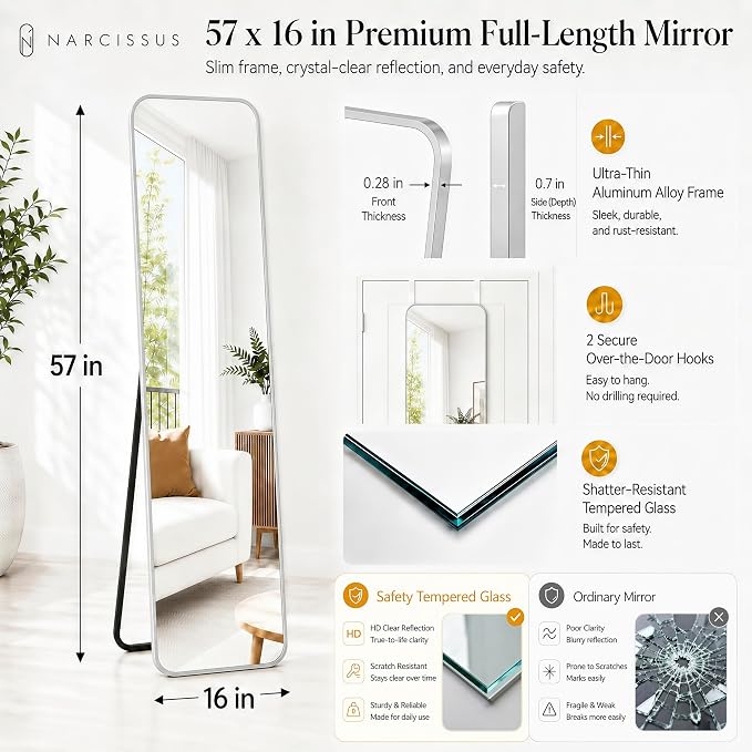 NARCISSUS Full Length Mirror 57x16 Inch, Over The Door Mirror with Stand, Wall Mounted or Freestanding/Door Hanging Full Body, Aluminum Alloy Frame, Silver - Image 2