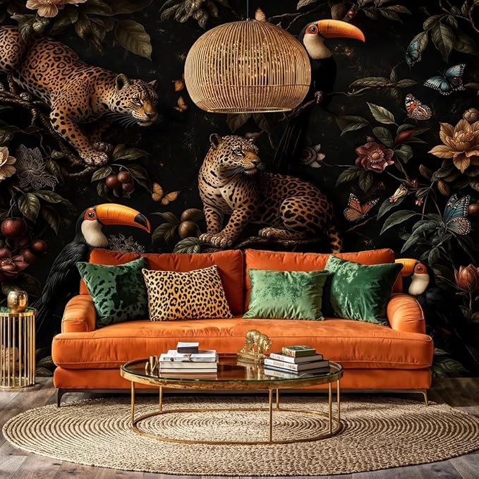 Dark Tropical Jungle Leopard Peel and Stick Wall Mural, Canvas Wallpaper | Large Removable Jungle Mural with Leopard, Toucan and Tropical Flowers for Living Room, Bedroom or Accent Wall Decor - Image 2