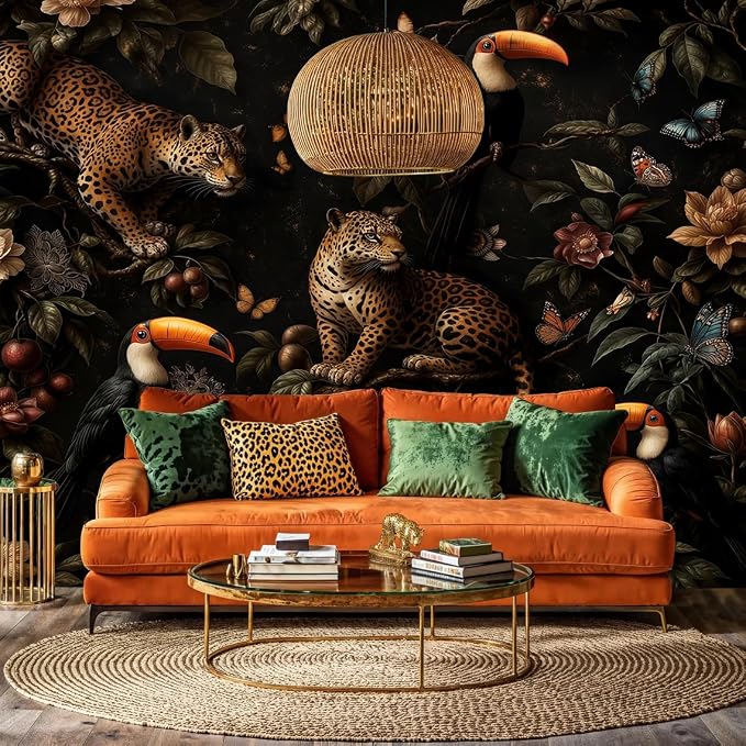 Dark Tropical Jungle Leopard Peel and Stick Wall Mural, Canvas Wallpaper | Large Removable Jungle Mural with Leopard, Toucan and Tropical Flowers for Living Room, Bedroom or Accent Wall Decor by ARVOTONE