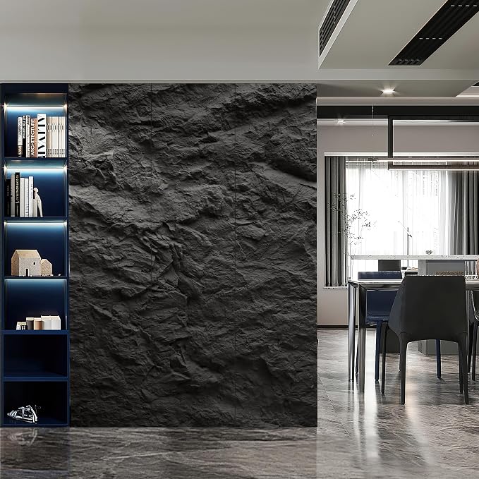 KASARO 3D Faux Stone PU Wall Panels, 4 Pack Cement Texture Black | Thicker PU wainscoting panels with realistic stone texture for accent walls, home & office decor, easy install, 43.3" x 23.6" - Image 7