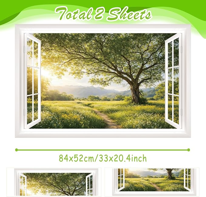 IARTTOP Fake Window Wall Mural Sticker 33"x20.4" Green Tree Sunrise Mountain Countryside Nature Scenery Wall Decal Window View Landscape Decals Decor for Bedroom Living Room Office - Image 7