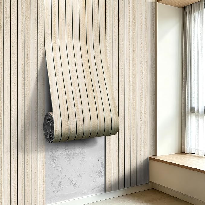 3D Peel and Stick Wall Panels PVC Grille Slat 197"x15.8" Self-Adhesive Wall Sticker Soundproof Paneling for Walls and Ceiling in Faux Herringbone Oak Texture by LOVADA