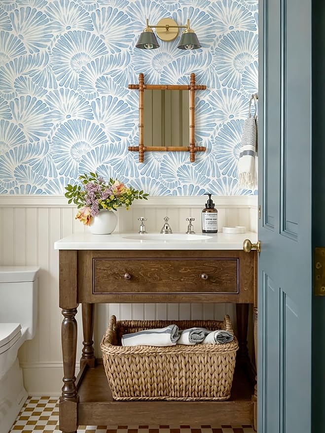 Ismoon Blue and White Wallpaper Peel and Stick Wallpaper Boho 17.3in x 6.56ft Removable Coastal Geometric Wall Paper for Bathroom Bedroom Nursery Home Wall Waterproof Vinyl - Image 2