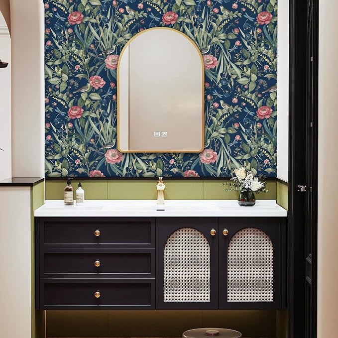 Navy Bird and Floral Peel and Stick Wallpaper Vintage 17in x 118in | Flower Contact Paper Vintage Floral Wallpaper Boho Self Adhesive Waterproof Wall Paper Botanical Removable Decorative Vinyl - Image 4