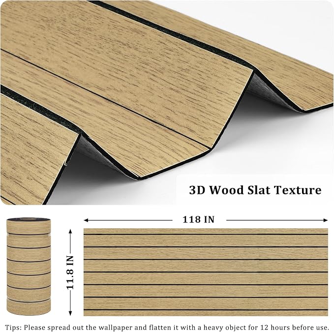Wood Panels for Walls 3D Textured Faux Wood Acoustic Wall Panels | Self Adhesive Soundproof Peel and Stick Wooden Slats Panelling Wallpaper for Bedroom Living Room Studio 11.8"x118" Neutral - Image 5