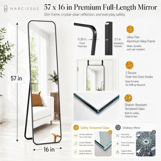 NARCISSUS Full Length Mirror 57x16 Inch, Over The Door Mirror with Stand, Wall Mounted or Freestanding/Door Hanging Full Body, Aluminum Alloy Frame, Black - Image 2