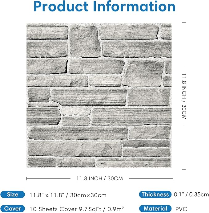 COMSTICKC 3D Faux Stone Wall Panels Peel and Stick, 10 Pcs 11.8" x 11.8" | Gray, Not Real Stone, Ultra-Light Thin PVC Wall Sticker, 3D Fake Rock Decorative Tiles Covering for Easy DIY, Cover 9.7 sq ft - Image 5