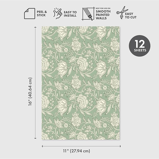 Main Street Peel and Stick Wallpaper Sheets, Block Print Floral, 12-Pack | 11 x 16 in sheet size; Covers up to 14.67 sq ft; Eco-friendly paper material; No paste or additional adhesive required - Image 2