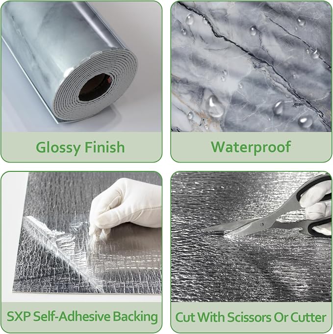 Marble Peel and Stick Waterproof Wall Paneling, 118" x 47" Pietra Grey Glossy Finish Self-Adhesive Backsplash Tile Vinyl Wall Panel for Kitchen Bathroom Wall Decor, Covers 38.75 Sq. Ft. - Image 4