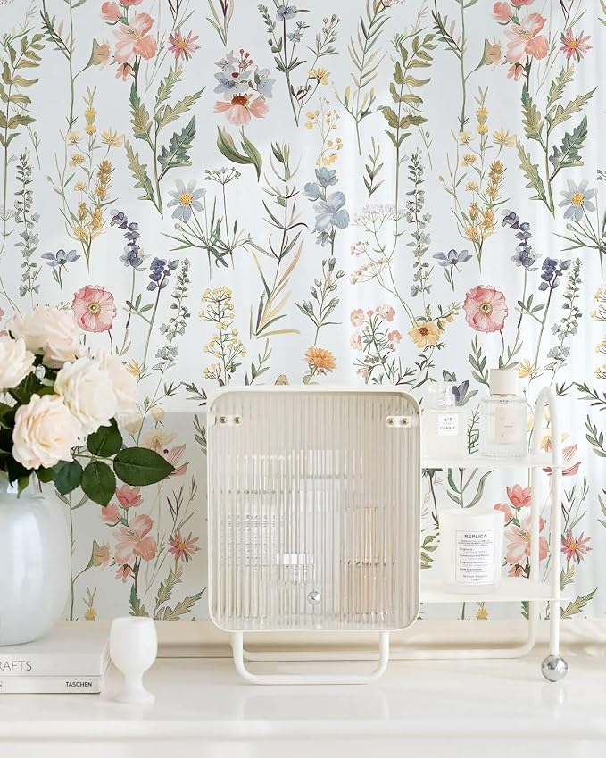 Dimoon Boho Peel and Stick Wallpaper White Floral Contact Paper 17.3x394in |Purple Wildflower Botanical Renter Friendly Removable Self Adhesive Stick on Wall Paper Decor for Bathroom Bedroom Vinyl - Image 2